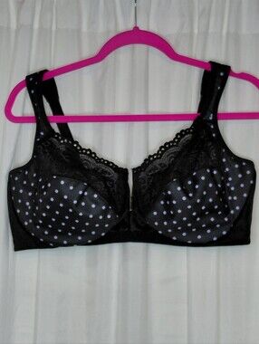 Like New Glamorise Black Underwire Bra with Light Purple Polka Dots Front Close